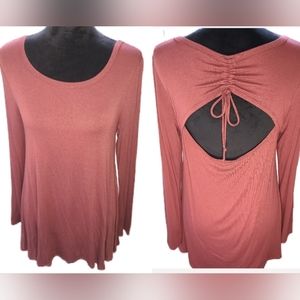 COVERSTITCHED Fun Drawstring Back With Cut-Out Open Back Flowy Top Sz L  EUC